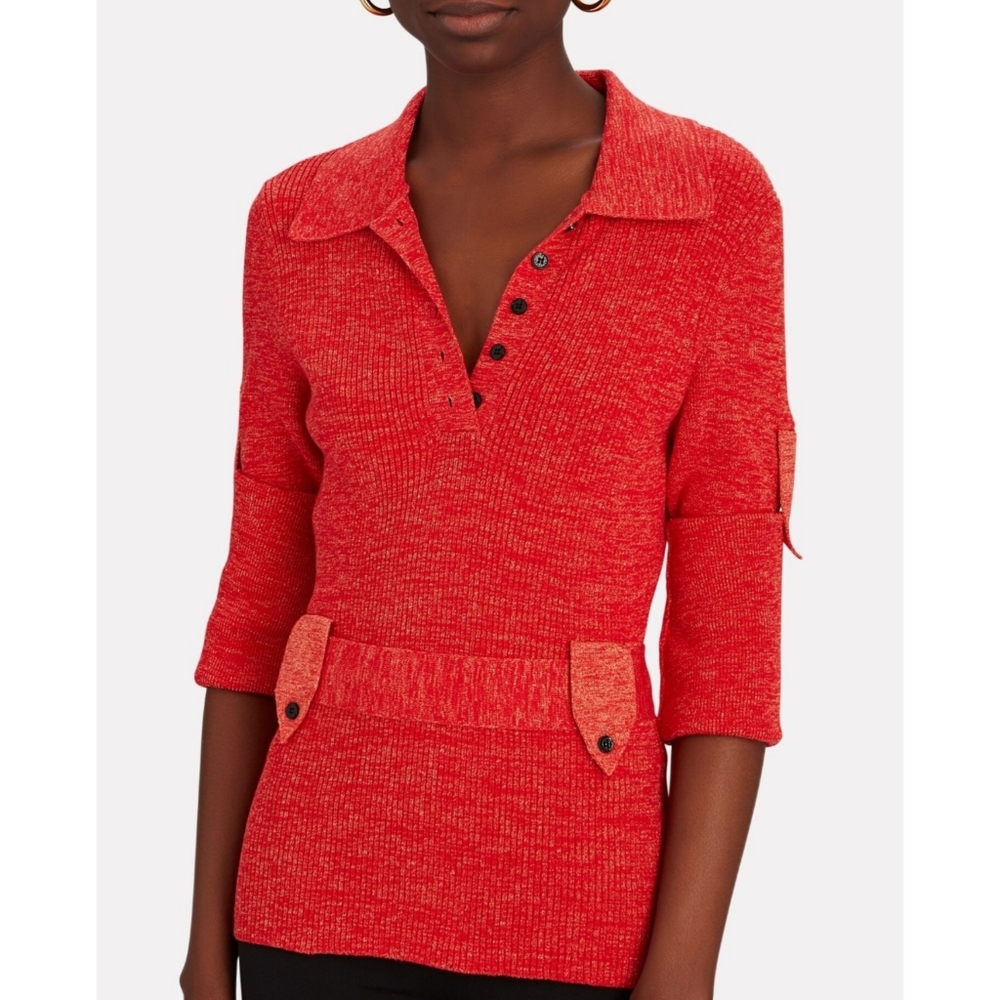 Victoria Beckham | Utilitarian Rib Knit Polo Top in Red Mouline Size XL